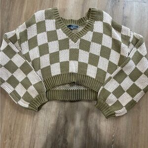 Blue Blush Olive and Cream Checkered V-Neck Sweater